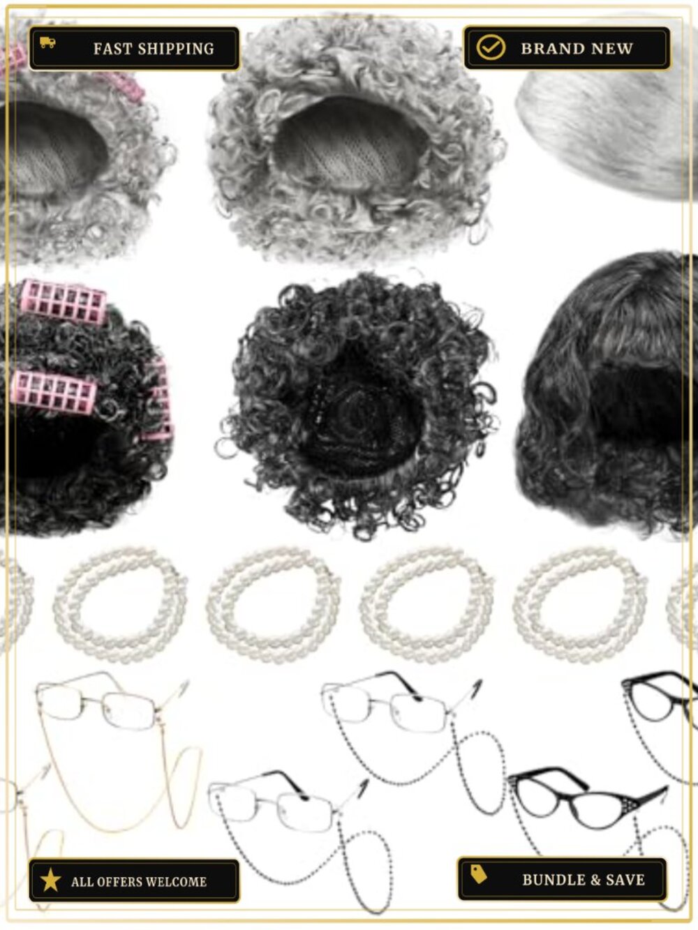18 Pc Old Lady Granny Wig Costume Set Halloween Cosplay Accessories
